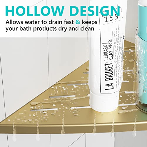 Qeke Corner Shower Shelf Brushed Golden, 304 Stainless Steel 11.5” Recessed Corner Shelf Bathroom for Tiled Wall, Floating Shower Shelves Shampoo Holder, No Drilling, 2 Pack - color: Brushed Golden