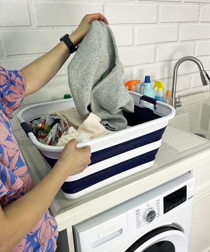 SAMMART Collapsible Plastic Laundry Basket with Handle/Foldable Pop Up Storage Hamper/Portable Laundry Organizer-Space Saving Washing Tub/Household Storage (White/Starry Blue, 42L (Set of 2)) - color: White/Starry Blue, size: 42L (Set of 2)