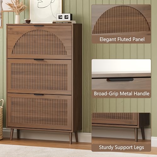 BORNOON Shoe Cabinet for Entryway with 3 Flip Drawers, Slim Wooden Shoe Storage Organizer with Modern Fluted Pannel，Freestanding Narrow Hidden Shoe Rack for Hallway, Foyer, Living Room - color: Walnut, size: 3 Flip Drawers