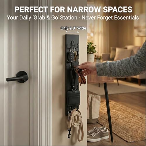 Vertical Key Holder for Wall & Dog Leash Holder – Solid Wood Wall Mount Key Rack with 8 Hooks – Small Space Saving Entryway Organizer for Keys, Lanyards, Masks (Adhesive or Screws) (Black) - color: Black