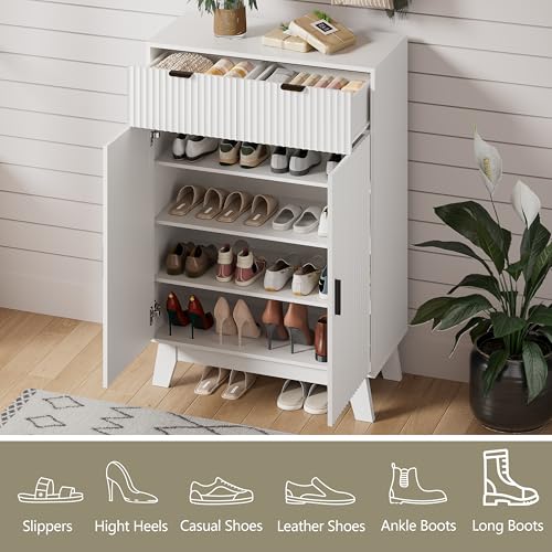 Shoe Cabinet Storage for Entryway, 4 Tier Fluted Shoe Storage Cabinet with 2 Drawers, Narrow Hidden Shoe Organizer with Adjustable Shelves, Freestanding Shoe Rack for Entryway, Hallway, White - color: White, size: 4 Tier