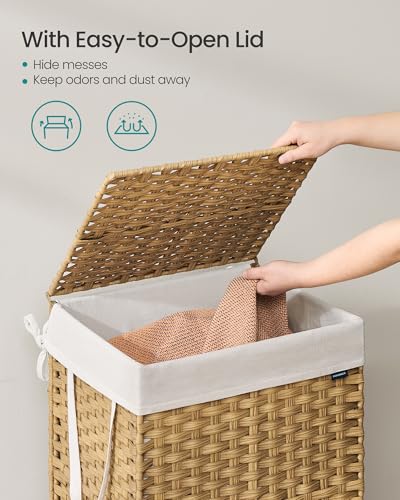 SONGMICS Laundry Hamper with Lid, 29.1 Gallon (110 L) Synthetic Rattan Clothes Laundry Basket with Lid and Handles, Foldable, Removable Liner, Goose Yellow ULCB152Y01 - color: Goose Yellow, size: 110 L