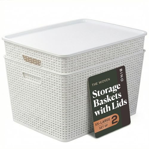 BINO | Plastic Storage Baskets with Lids, 45 Liter - 3 Pack, White | THE WOVEN COLLECTION | Storage Basket for Shelves | Woven Storage Baskets for Organizing Bins Pantry Shelf Organizer Container Bin - color: White, size: 45L | 2-Pack