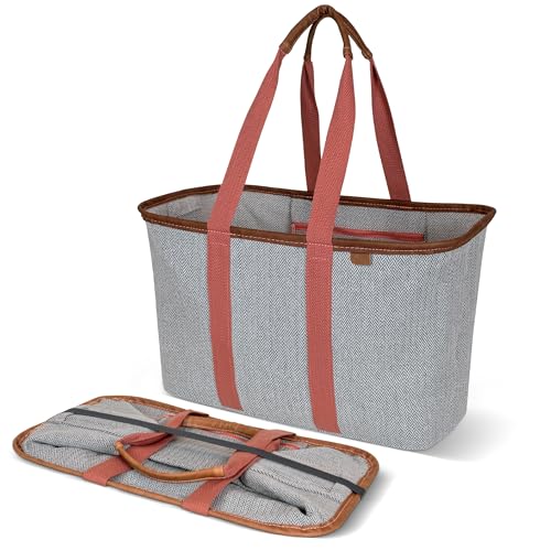 CleverMade Collapsible LUXE Tote - Reusable Grocery Shopping Storage Bag Organizer w/Handles Reinforced Bottom - color: Rose Herringbone
