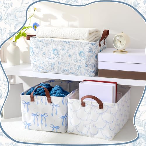 Boao 3 Pcs Blue Bow Storage Bin Collapsible Large Storage Baskets for Gifts Empty Candy Holiday Decor Canvas Laundry Basket Foldable Box with Handle for Office Home Bedroom Clothes - style: Blue Bow