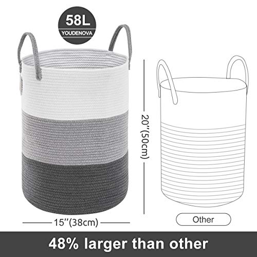 YOUDENOVA Woven Rope Laundry Hamper Basket, 58L Tall Luandry Basket, Baby Nursery Hamper for Blanket Storage, Clothes Hampers for Laundry in Bedroom - color: Grey, size: Tall (58L )