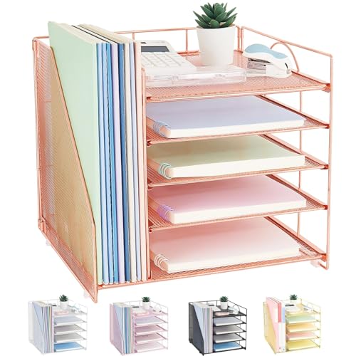 LEKETREE Desk Organizers and Accessories, 5-Tier Paper Letter Tray Organizer with File Holder, Desktop Organizer for Office Supplies (Rose Gold) - color: Rose Gold, size: 12" x 12" x 12"
