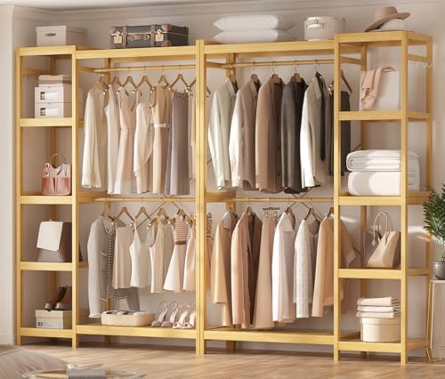 Homykic Closet System Set of 2, Bamboo Clothing Rack for Hanging Clothes with 14 Adjustable Shelves & 4 Rods, Freestanding Clothes Rack with 4 Hooks, Open Wardrobe Closet Organizer Garment Rack - color: Bamboo, size: 2-Pack
