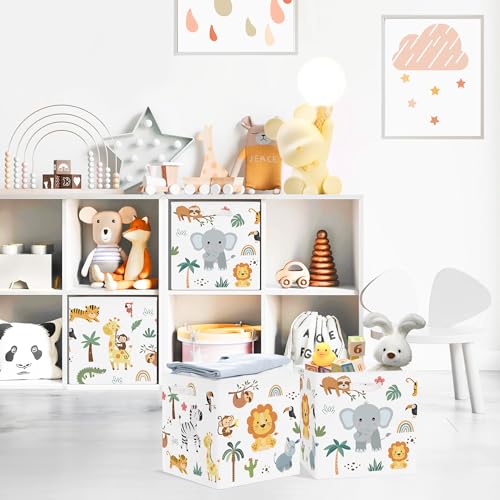 Clastyle Jungle Animal Storage Cube Organizer Set Tree Closet Clothes Cube with Metal Frame Foldable Parents Organizer Storage Basket for Book Toy,White,11.8x11.8x11.8 in - color: White