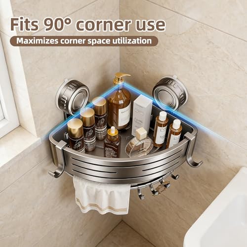 Corner Shower Caddy,Suction Cup Shower Bathroom Wall Shelf,No Drill Rust Proof Aluminum Organizer with Hooks,Floating Rack for Inside (Suction Cup Corner Shower Caddy,1 Tier,Gray) - style: Suction Cup Corner Shower Caddy ,1 Tier ,Gray