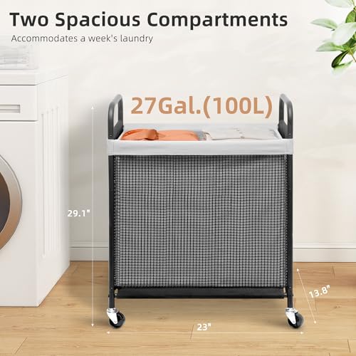 STORAGE MANIAC Rolling Laundry Hamper with Wheels 2-Section Laundry Sorter Rolling Laundrys Basket on Wheels with Removable Bag Clothes Hamper Laundrys Organizer Cart Bathroom Bedroom 100L Grey - color: Grey, size: 2-Section