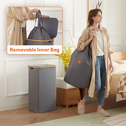 Lifewit 100L Laundry Basket with Lid, Clothes Hampers for Laundry with Bamboo Handles and 1 Removable Bag, Large Foldable Laundry Hamper for Bedroom, Bathroom, Dorm, Laundry Room, Gray - color: Gray, size: 100L