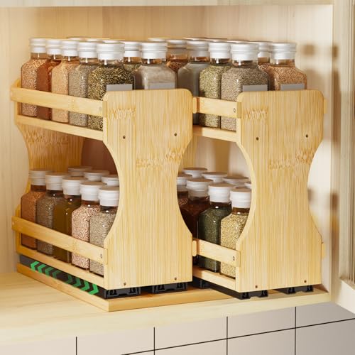 BAMEOS Pull Out Spice Rack Organizer for Cabinet, Bamboo Wide 9" Slide Out Seasoning Organizer for Kitchen, No Drill Anti-Tip Ball Bearing Silent Glides, Pantry Cabinet Organizer, Natural - size: 9" Wide, 2 Drawers