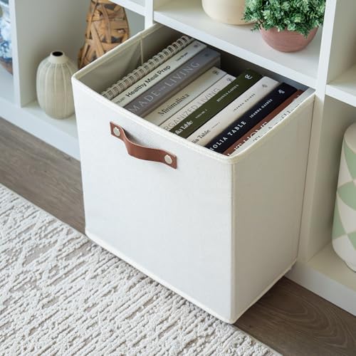 OrganiHaus 13" x 13" x 13" Cube Fabric Storage Bins Set of 4, Canvas Storage Cubes w/ Vegan Handles, 13 inch Collapsible Bins for Clothes & Toy Organizer, 13x13 Basket for Decor - White - color: Off-White, size: (13x13) Leather Handles
