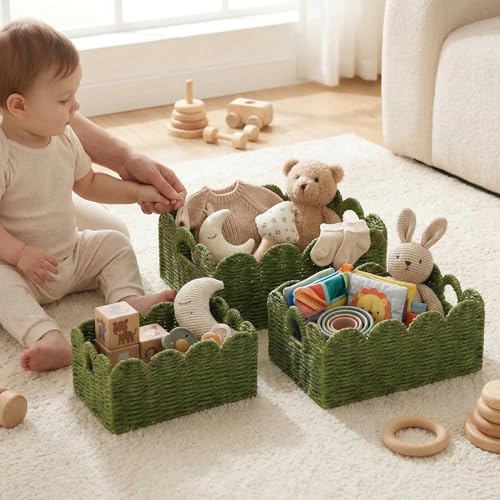 Scalloped Wicker Baskets, Set of 3 Hand-Woven Storage Baskets with Handles - Paper Rope Shelf Organizers & Decorative Baskets for Shelves, Closet, Bathroom (Green） - color: Greem