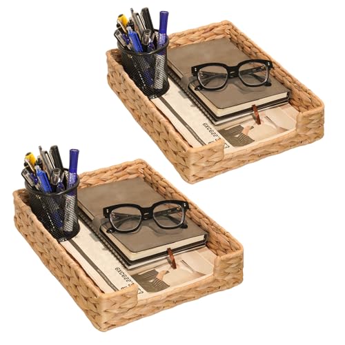 Set of 2 Water Hyacinth Letter Tray for A4 File Desk Mail Letter-Size Paper, Basket Woven Organizer, Magazine Files Storage, Office Document Organizer and Storage - color: Natural-2pack