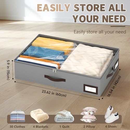 OIAHOMY 2 Pack Under Bed Storage with 4 Compression Bags, Underbed Organizers for Bedroom & Closet, Fits Beds Higher than 5.9", Space-Saving for Seasonal Clothes, Blankets & Shoes - Grey - color: Grey, size: 23.62" x 16.54" x 5.9"