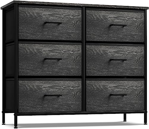 Sorbus Dresser with 6 Faux Wood Drawers - Chest Organizer Unit with Steel Frame Wood Top & Handle Easy Pull Fabric Bins for Clothes - Storage Furniture for Bedroom, Hallway, Living Room & Closet - color: Gray Wood, style: 6 Drawer