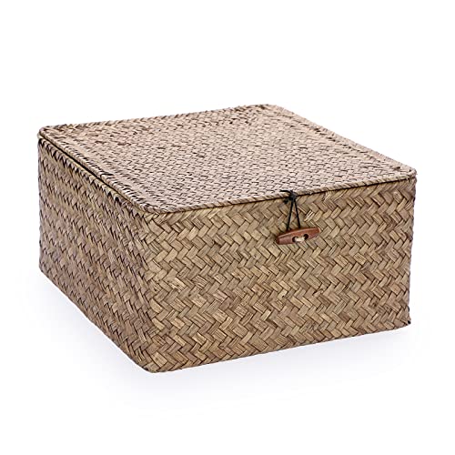 Hipiwe Wicker Shelf Baskets Bin with Lid Handwoven Seagrass Storage Basket Container Square Multipurpose Household Basket Boxes for Shelves and Home Organizer, Coffee Large - color: Coffee, size: Large