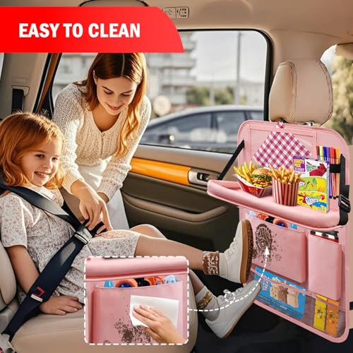 2Pack Car Backseat Organizer with Foldable Table Tray,6 Storage Pockets Car Storage Organizer with Tablet Holder,Car Seat Back Protectors Kick Mats Travel Accessories (Pink) - color: Pink, size: 2 Pack with Food Tray