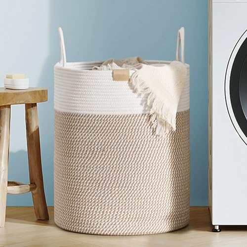 Nunsino Laundry Hamper 62L,Large Laundry Basket for Clothes,Decorative Storage Basket for Blankets,Cotton Rope Woven basket for bedroom,Brown White - color: Brown&White, size: 62L/16.3Gal
