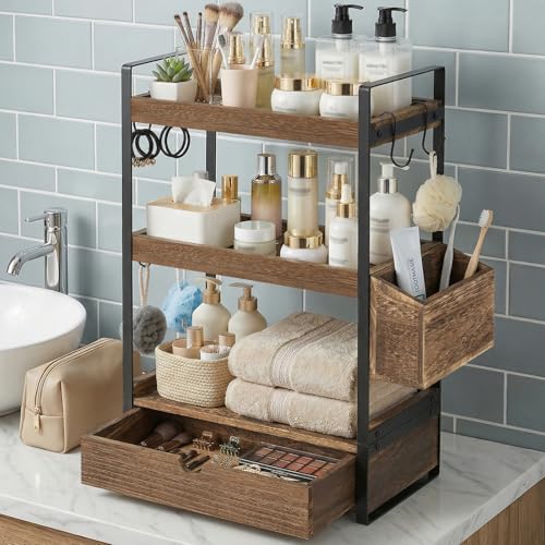 3-Tier Bathroom Counter Organizer with Drawer Basket and Hooks, Wood Bathroom Organizers and Storage for Countertop, Farmhouse Dark Brown Countertop Organizer, Counter Shelf for Vanity, Kitchen,Office - color: Brown