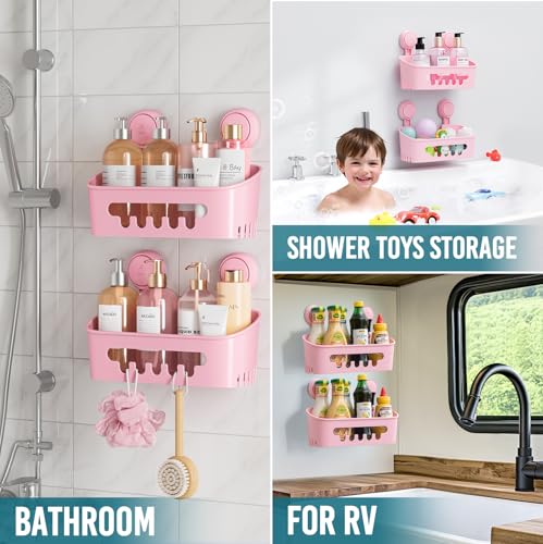 TAILI Shower Caddy Suction Cup 2 Pack, Heavy Duty Bathroom Organizer, Removable Shelves for Inside Shower, Shampoo, Waterproof Suction Plastic Storage for Bathroom Accessories Holder, Pink - style: 2 × Pink