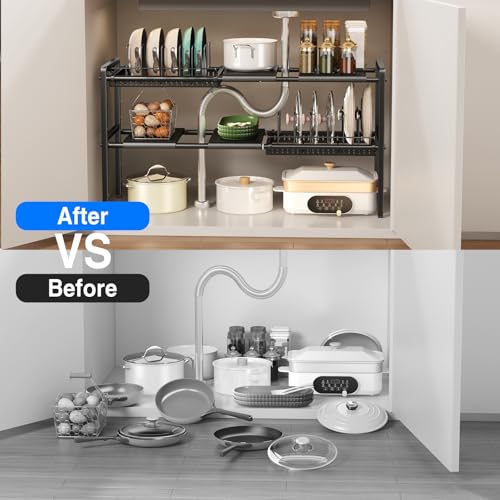 Mustorn Pots and Pans Organizer Under Cabinet, Expandable 2 Tier Under Sink Organizers and Storage Adjustable Height Kitchen Pot and Pan Lid Holder Rack with 12 Dividers Under Cabinet Shelf(Black) - size: 4panels &2 pot rack-2 Tier