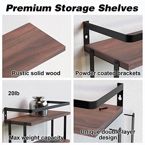 RICHER HOUSE 2+1 Tier Wall Mounted Floating Shelves Set of 2, Rustic Wood Shelf with Metal Frame, Extra Storage Rack for Bathroom, Kitchen, Bedroom with Tissue Rack & Towel Bar - Rustic Brown - color: Rucstic Brown, size: 2+1 Tier Size