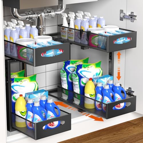 Housolution 2 Pack Under Sink Organizer, 2 Tier Metal Pull Out Under Sink Storage with Sliding Mesh Drawers, Height Adjustable Slide Out Under Sink Organizer for Kitchen Bathroom Cabinet, Black - color: Black, size: 2 Pack, Medium-8.85in Wide