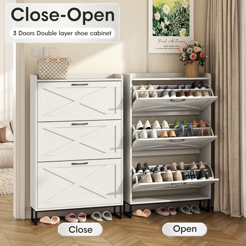 Maupvit Shoe Storage Cabinet with 3 Flip Drawers, Freestanding Organizer with Metal Legs for Entryway, Narrow Shoe Rack Cabinet, White - color: White, style: 3-Drawers