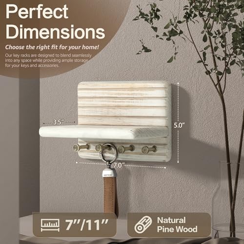 Rebee Vision Pine Wood Key Holder Wall Mount – Mini 7-inch Key Holder for Wall with Wooden Shelf – Perfect Home Decor for Entryway, Living Room & Bedroom (Distressed White) - color: Whitewash, size: Small-7inch