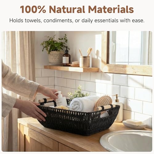 StorageWorks Large Wicker Storage Basket for Organizing, Toilet Paper Baskets for Shelf, Paper Rope Storage Baskets with Wooden Handles, Black, 2-Pack - color: Black, size: Large