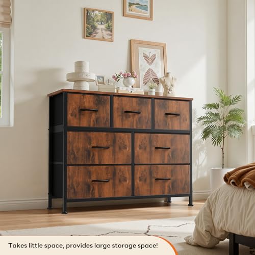 Sweetcrispy 7 Drawer Dresser with Fabric Bins Fabric Storage Tower Organizer for Bedroom Closet Hallway Entryway Tall Chest of Drawers with Steel Frame Wood Top Easy Pull Handles,Rustic Brown - color: Brown, size: 11.8"D x 39.3"W x 30.3"H (7 Drawers)