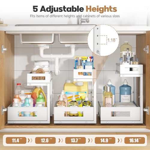 1 Pack-11.4"-16.14"H Under Sink Storage Organizer, Large 2-Tier Elegant Mesh Pull Out Shelf for Kitchen and Bathroom Cabinet Organization, L-Shaped and Adjustable Height Design for Maximum Space-White - color: White, size: 1 Pack-15.74"Dx11.4"-16.14"H