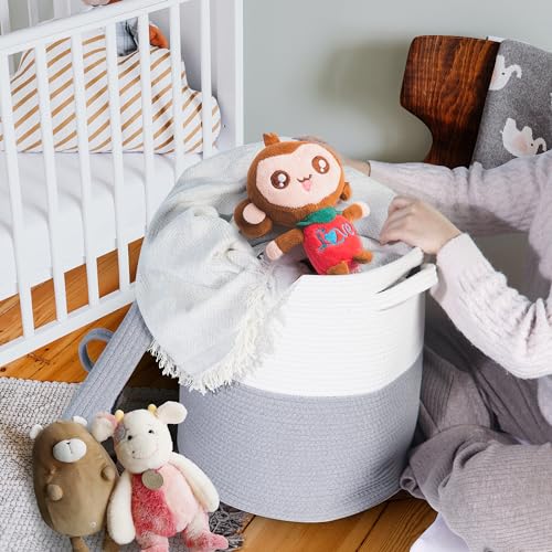 Large Storage Basket with Lid 60L, 16"Wx18"H Woven Laundry Hamper Basket with Handle, Room Decor Cotton Rope Wicker Basket Toy Organizer Bins for Clothes Blankets Pillows, Gray/White Mix includes Lid - color: Gray/White Mix-16"Wx18"H