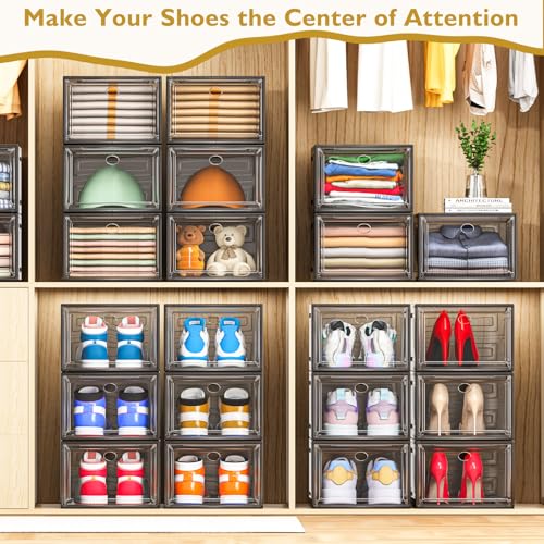12 Pack Clear Shoe Storage Organizer with Magnetic Door, Stackable Plastic Shoe Boxes for Sneakers, Boots, and Heels, Space-Saving Foldable Shoe Rack for Closet, Durable Shoe Cabinet Organizer, Black - color: Black, size: 12 pcs