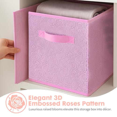 ShellKingdom Storage Bins, Foldable Fabric Storage Cubes with 3D Embossed Rose Pattern, Cloth Organizer Drawer For Closet And Toys, 10.5 X 10.5 X 11 inch, 2 Pack (Pink) - color: Pink