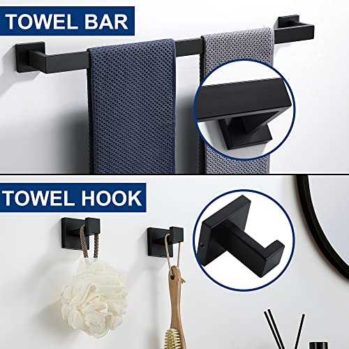5 Pieces Bathroom Hardware Accessories Set Matte Black, 24Inch Square Towel Racks Set for Bathroom, SUS304 Stainless Steel Towel Bar Set, Bath Accessories Sets Wall Mounted - color: Matte Black, size: 24" 5pcs