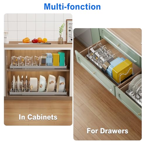Mustorn 2 Pack Pots and Pans Organizer Under Cabinet, 22" Expandable Food Storage Container Lid Organizers with 9 Adjustable Dividers Pot and Pan Lid Holders Rack Inside Cabinet/Countertop(Gray) - color: Gray(Expandable), size: 2 Pack