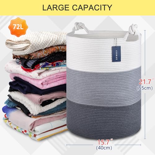 COMSE Laundry Hamper, Extra Large 15.7"x 21.7", Cotton Rope Basket, Portable, White & Light Gray & Dark Gray - color: White & Light Gray & Dark Gray