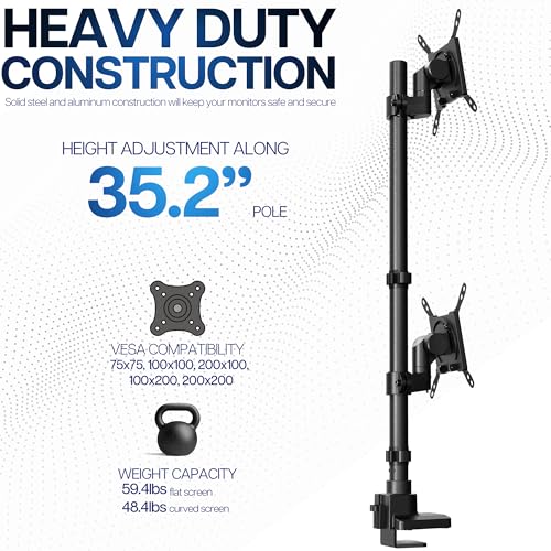 VIVO Dual Vertically Stacked Ultra-Wide Monitor Desk Mount for up to 57 inch Screens, Heavy Duty Adjustable Stand for 2 Ultrawides, 59.4 lbs Capacity, Black, STAND-V257R - color: Black, size: up to 57" screens