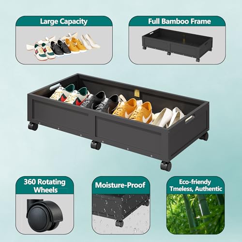 WISUCART Wood Under Bed Storage Containers Underbed Organizer with Wheels Sturdy Wood Rolling Under Bed Shoe Storage Organizer 2 Packs (Black, Large) - color: Black
