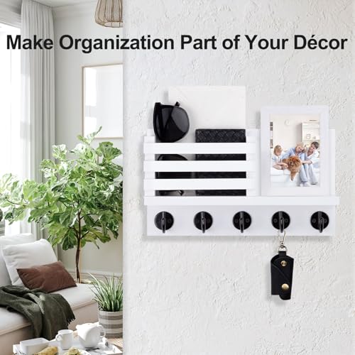 Lwenki Key Holder for Wall – Decorative Wooden Mail Holder and Key Shelf with Mounting Hardware, Installation Guide – Paulownia Wood with Metal Key Hooks (White, Large - 11.8inch) - color: White, size: Large - 11.8inch