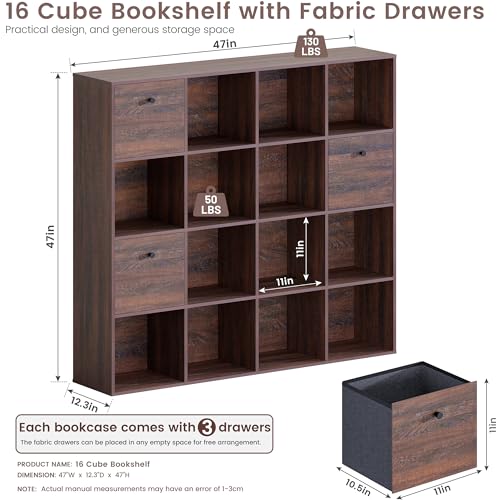 Walnut 16 Cube Storage Organizer, Wooden Bookcase with 3 Drawers, Freestanding Shelf Unit for Home Office Library, 4-Tier Book Shelf, 47" Wide Storage Display for Books Toys Display Rack - color: Walnut, size: 16 Cube