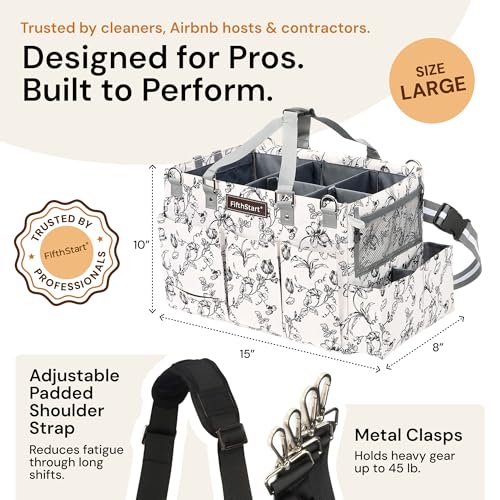 FifthStart Cleaning Caddy Organizer with Handle & Waist/Shoulder Straps - 9 Compartments & Mesh Base - Portable Cleaning Supply Caddy with Waste Bag Dispenser (Beige Floar, Large) - color: Beige Floral, size: Large
