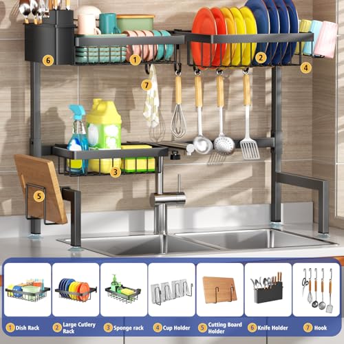 SNSLXH 2-Tier Over The Sink Dish Drying Rack, Kitchen Large Dish Drying Rack Over The Sink, Suitable for Most Sinks, Effective Dish Drying, Kitchen Drying Rack（26.57"-35"） - size: Large 2 tiers 3 baskets