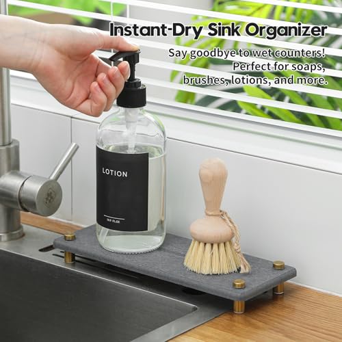 Kitchen Sink Caddy Water Absorbing Stone Drying Tray, Diatomite Bathroom Sink Organizer, Faucet Counter Mat Coaster, Soap Dish Rack Riser Dispenser Sponge Holder, Dark Gray Gold 10" x 4" - color: Dark Gray - Gold, size: 10" x 4" x 1"