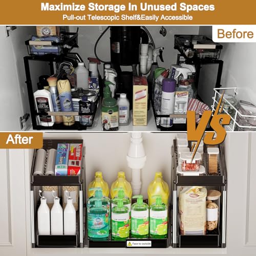 NIUXX Expandable Under Sink Organizer: 2 Tier Under Cabinet Organizer - Double Pull Out Shelf Under Sink Storage for Kitchen - Bathroom and Laundry Room - Space Saving - size: 27.9"L x 15.51"W-Fixed height