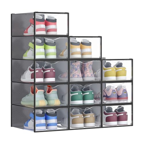 SONGMICS Shoe Boxes, Shoe Storage Organizers Rack for Closet, Plastic Stackable Sneaker Containers Case, 12 Pack, Transparent and Ink Black ULSP312B01 - color: Transparent + Ink Black, size: 12 Count Fit Size 11